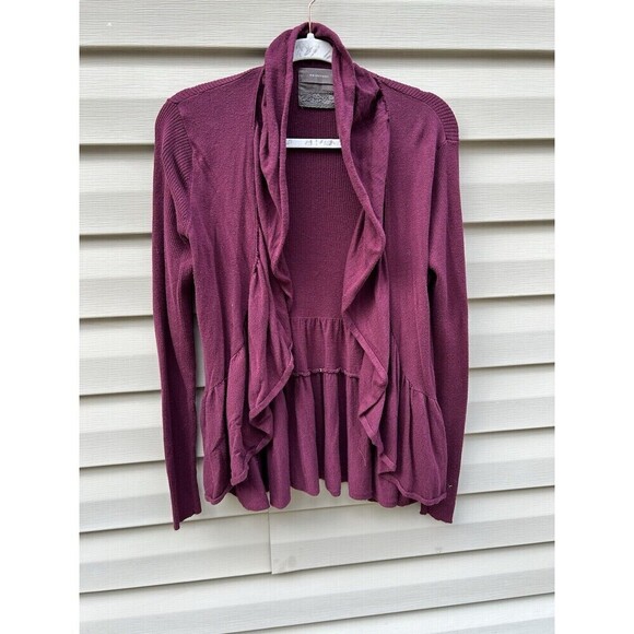 Guinevere Anthropologie Cardigan cashmere Sweater M Burgundy Ruffle Whimsigoth - Picture 1 of 5